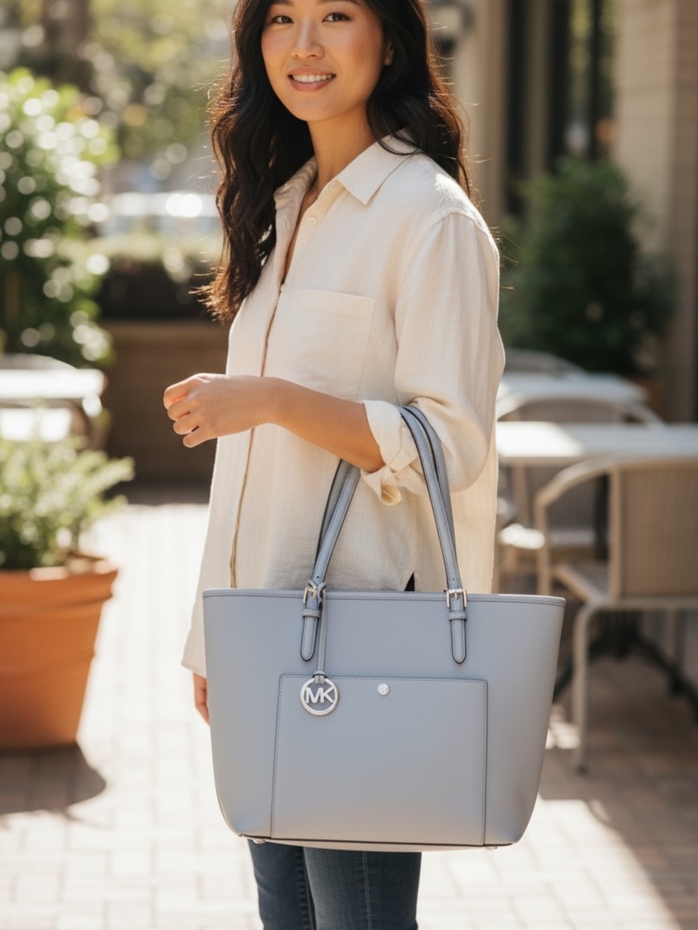 Michael Kors Pale Blue Leather Tote with MK Charm